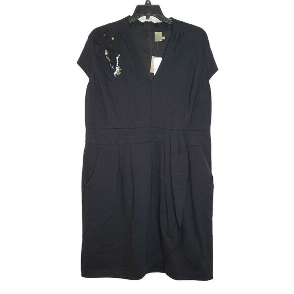 NEW CJ Banks Taylor Dress 18W Black Beaded Faux Wrap Cap Sleeve Sheath V Neck - Picture 1 of 8